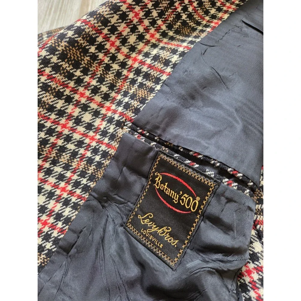 Vintage Botany 500 Levy Bros Pure Wool Plaid Blazer Sport Coat Red Brown 40 GUC